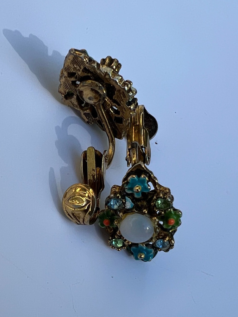 Gold-Tone Floral Clip-On Earrings with Opal-Effect Centers in Green & Blue - Picture 2 of 3